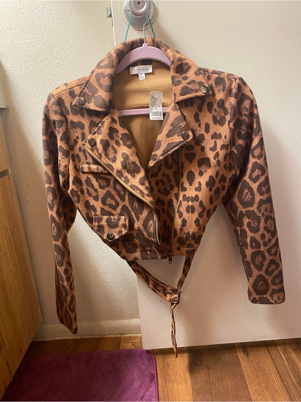 NWT Faux Suede Leopard-Print Cropped Moto Jacket in Brown/Camel